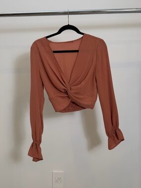 Rust Twist-Front Long Sleeve Crop Top